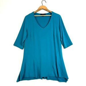 Lundstrom Womens 1X Teal V Neck‎ 3/4 Sleeve Asymmetrical Hem Tunic Top Blouse